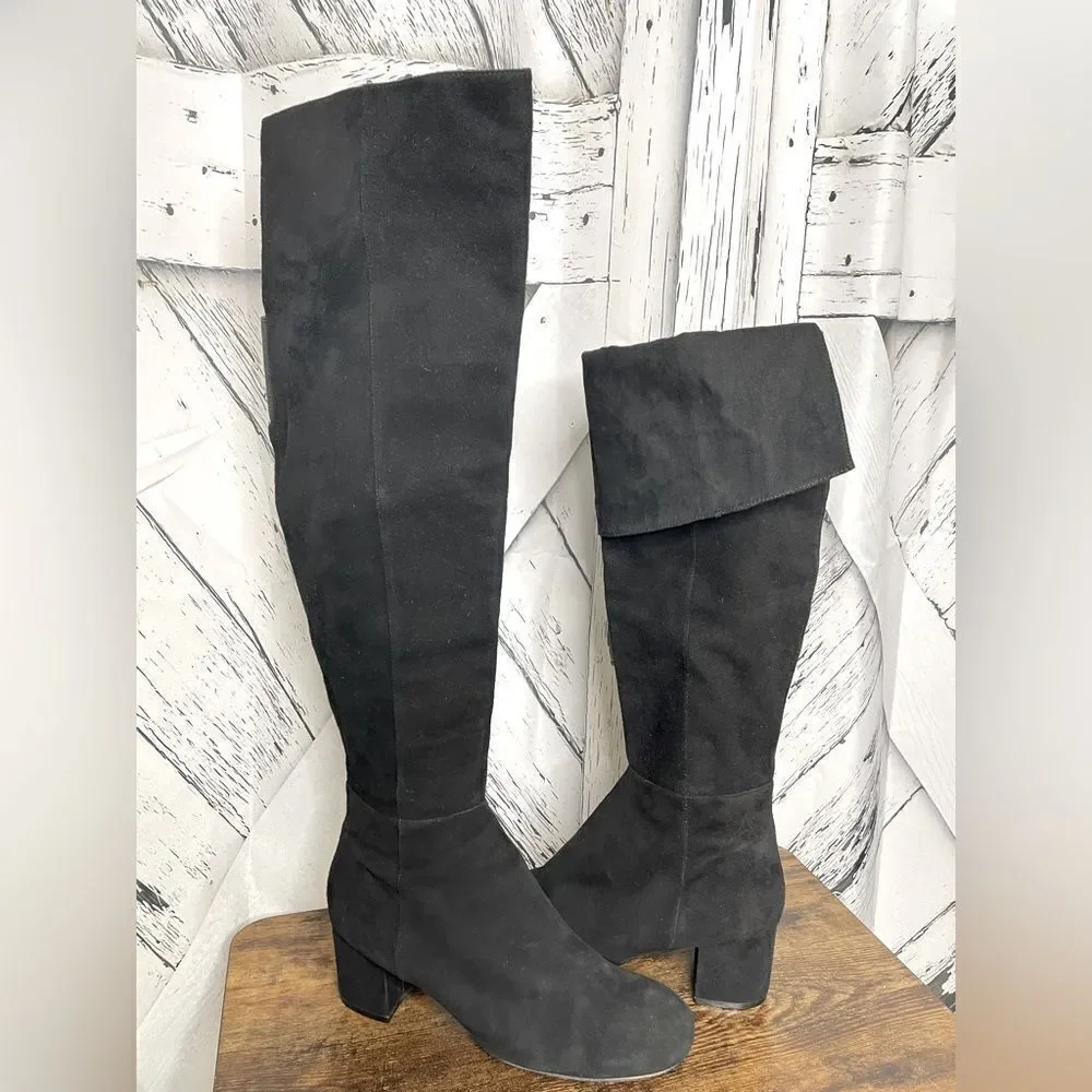 HALOGEN Scarlett Over The Knee Boots Black Suede Block Heel Back Slit 9.5